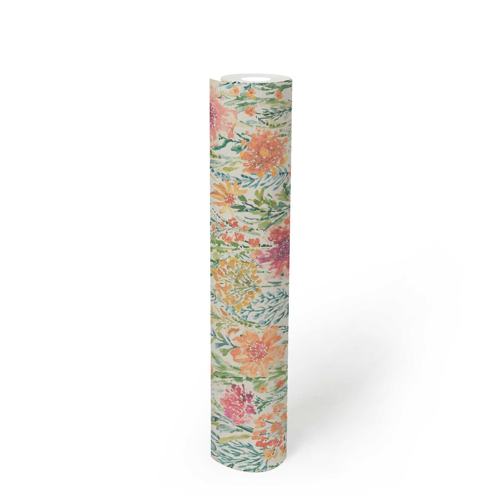             Non-woven wallpaper flower meadow in watercolour look - colourful, white, red
        