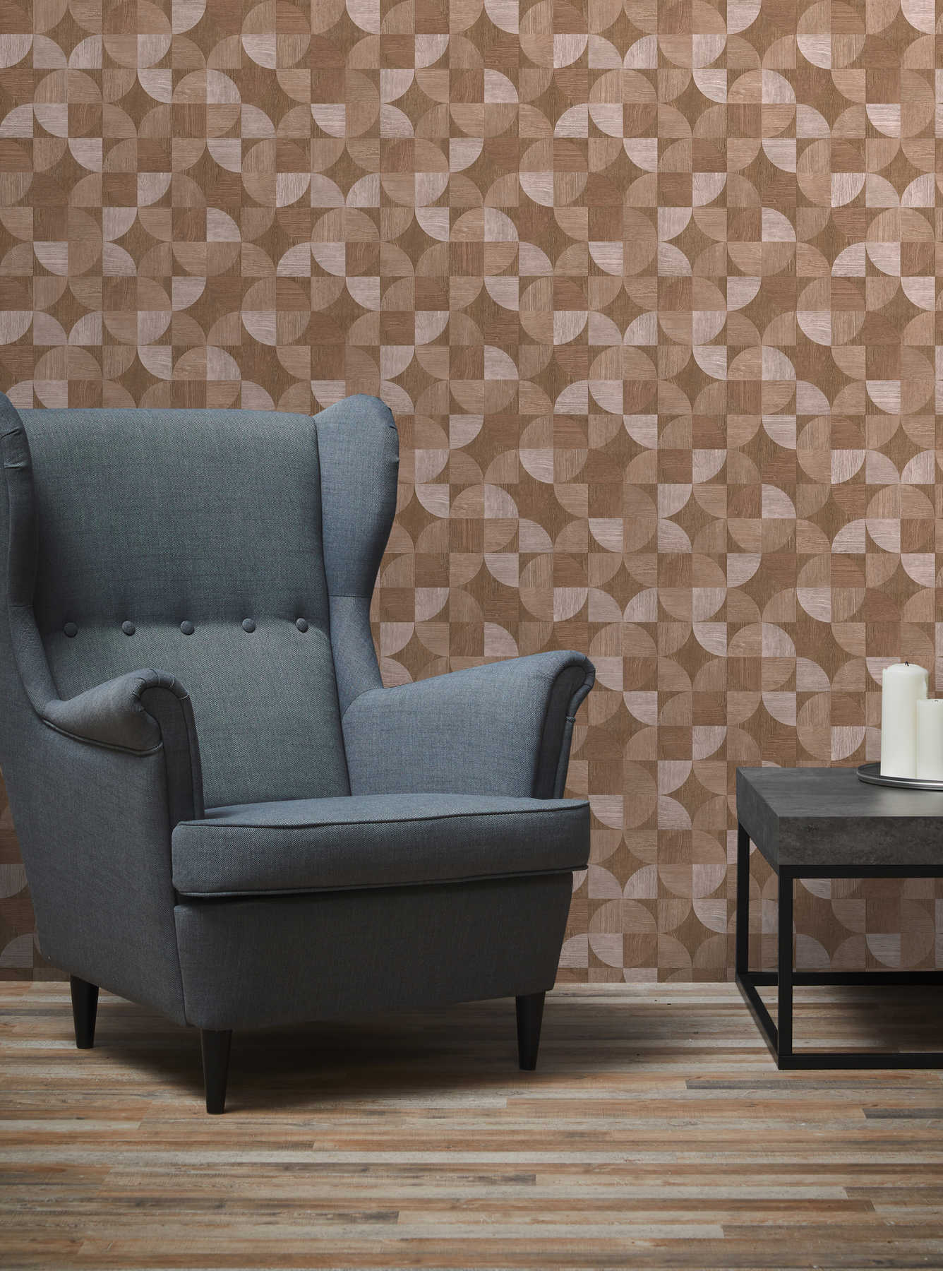             Wallpaper with graphic pattern in wood look - brown, beige
        