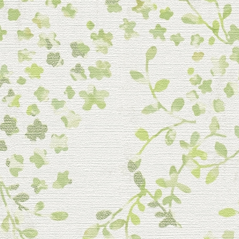             Non-woven wallpaper all over floral motif with light golden accents - green, white, cream
        