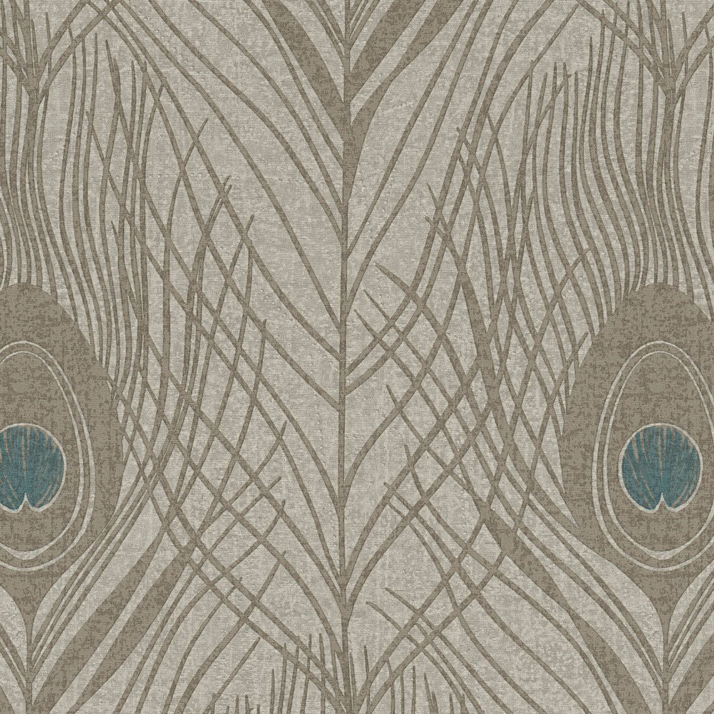             Papier peint intissé marron avec plumes de paon, détails - marron, gris, bleu
        