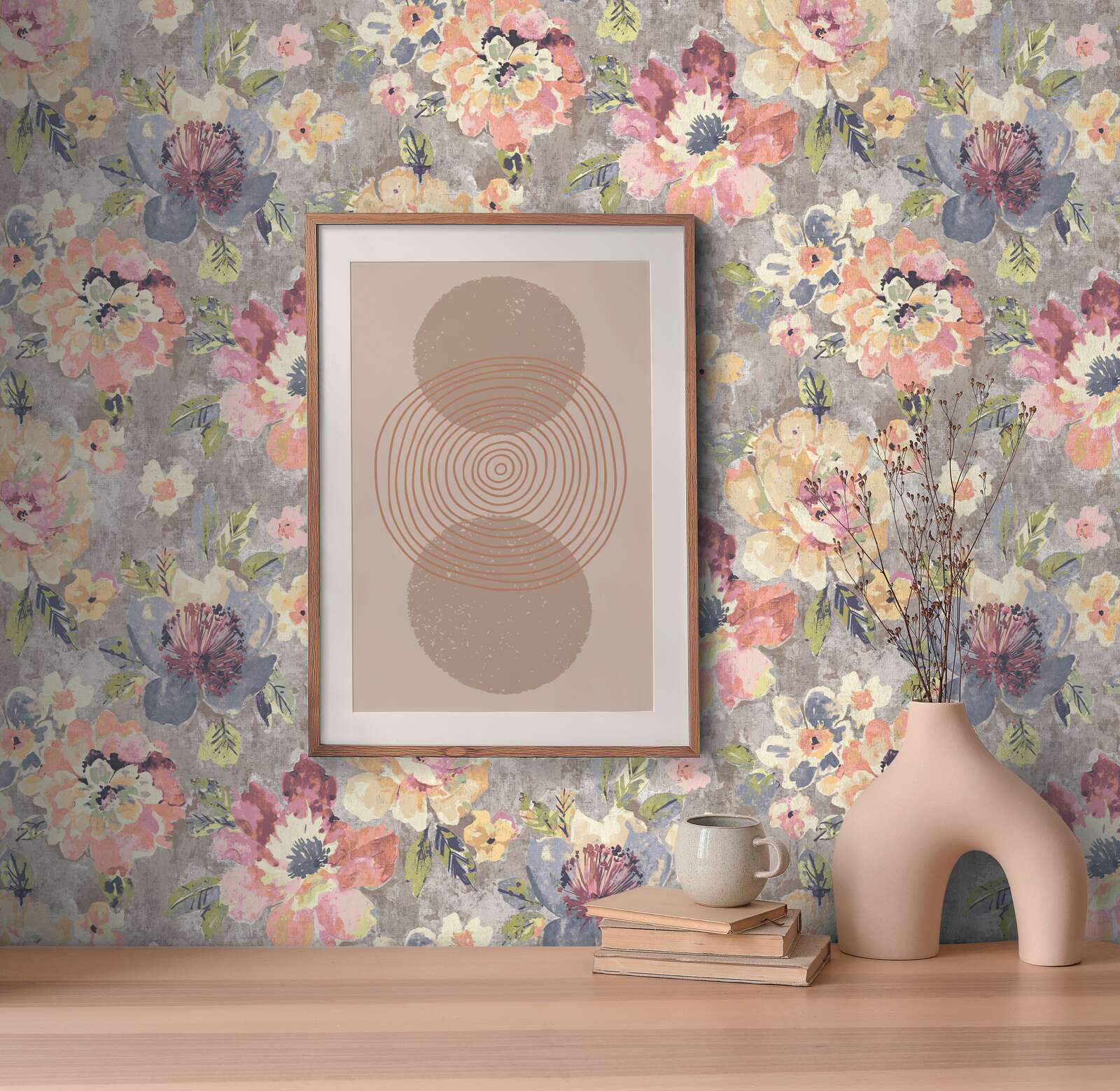             Non-woven floral wallpaper in watercolour and vintage look - colourful, grey, pink
        