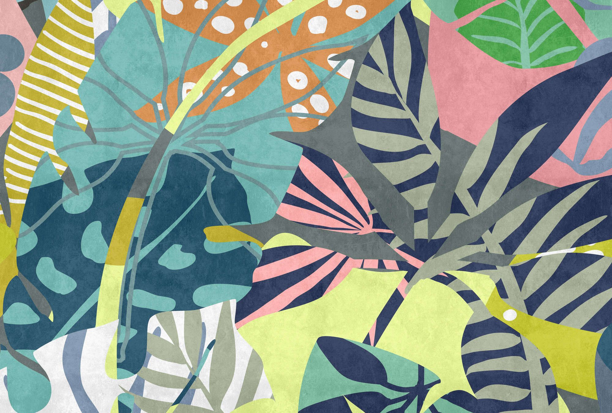             Fotomural »anais 1« - Hojas abstractas de la selva sobre textura de yeso hormigón - Coloreado | Ligera textura no tejida
        