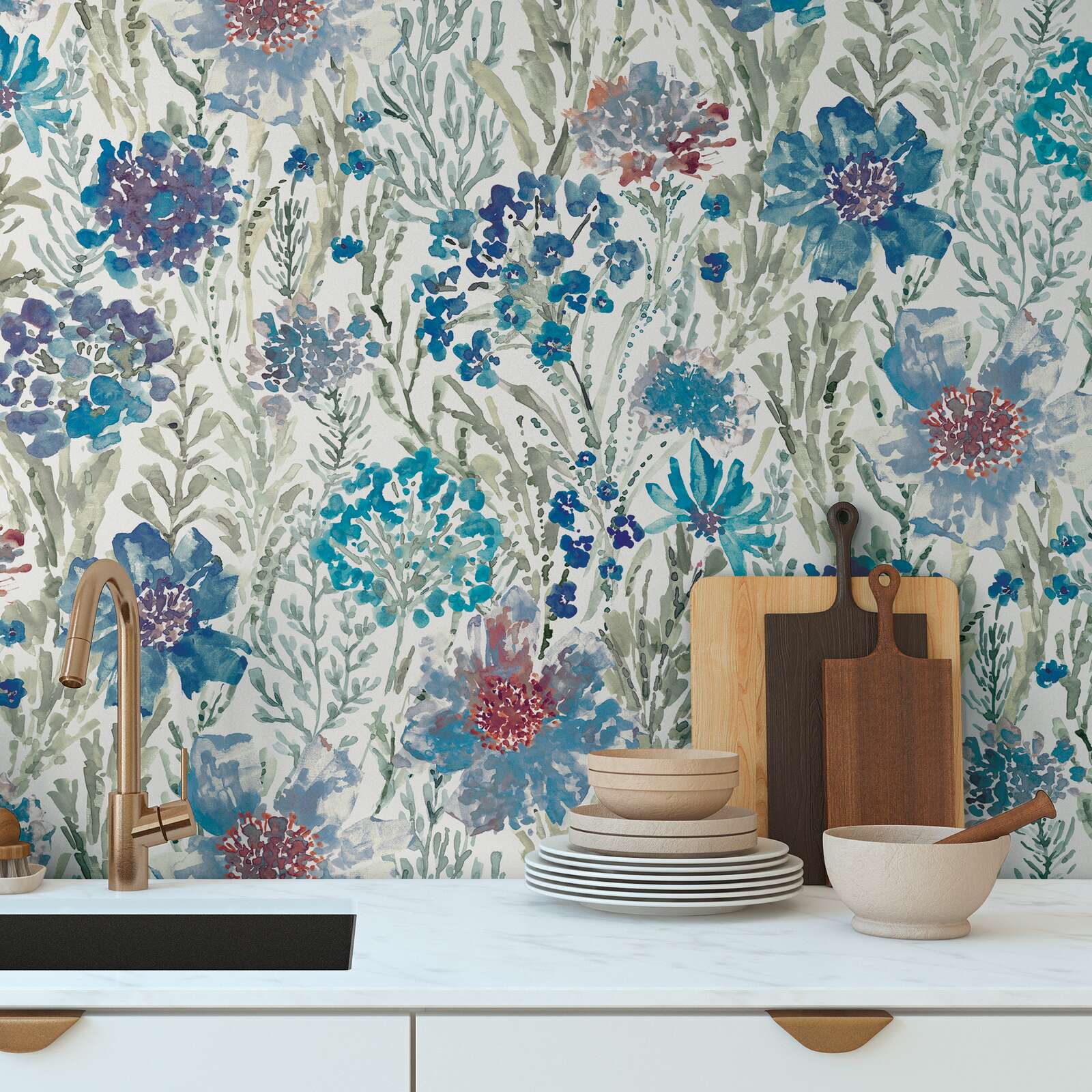             Flower and blossom meadow non-woven wallpaper in watercolour style - blue, white, grey
        