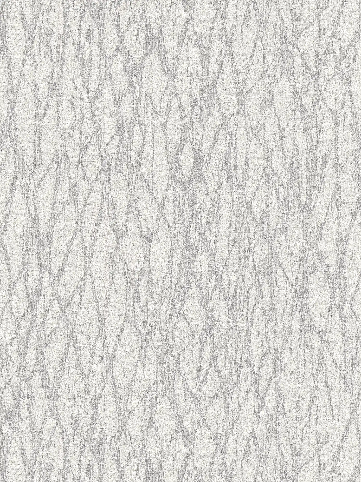 Papel pintado no tejido con motivo de líneas abstractas ligeramente brillante - blanco, gris, plata
