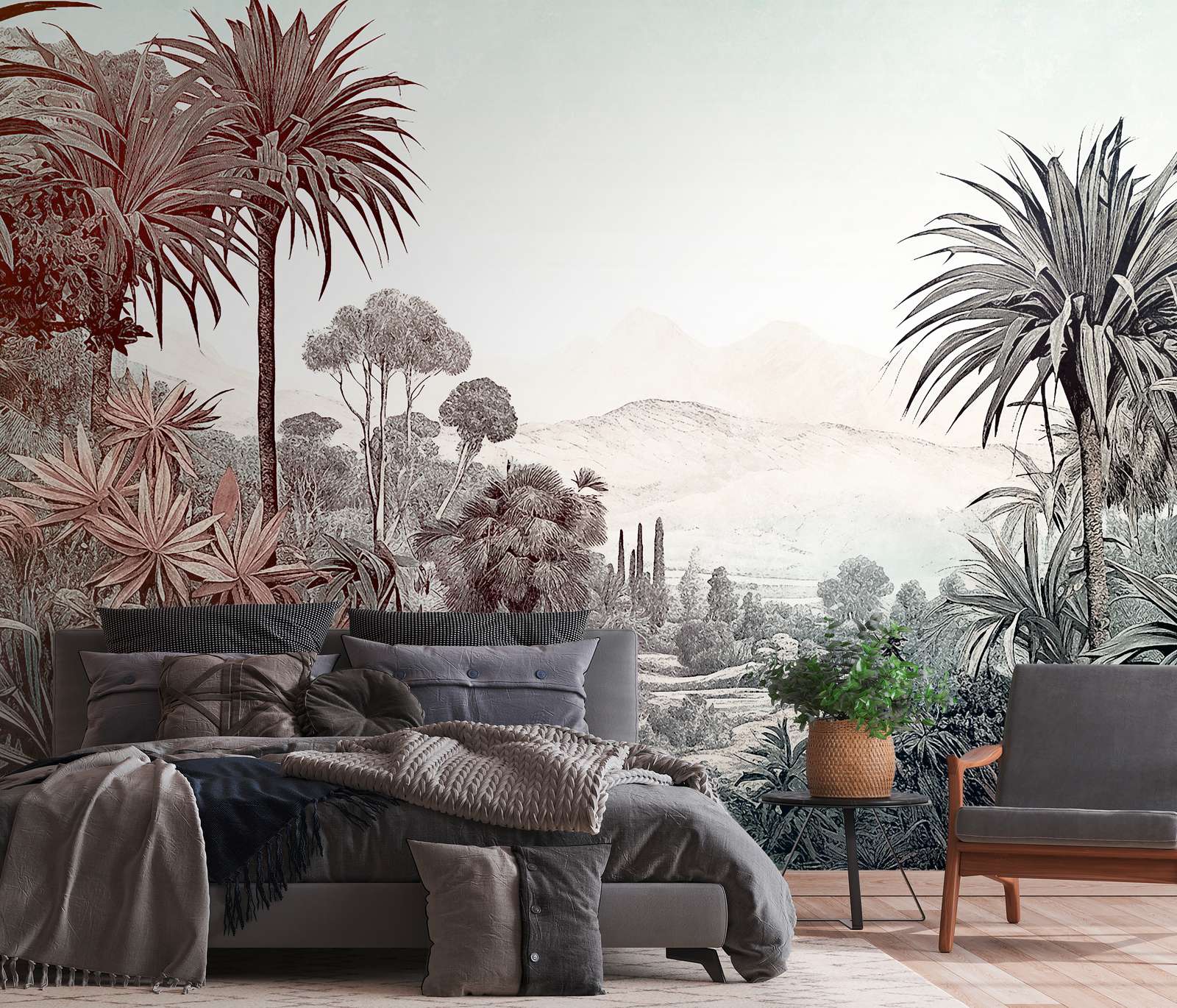             Non-woven wallpaper mural with tropical jungle landscape and light colour gradient - colourful, brown, blue
        