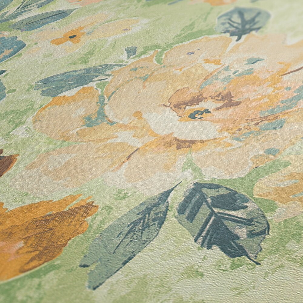             Non-woven floral wallpaper in watercolour and vintage design - colourful, green, yellow
        