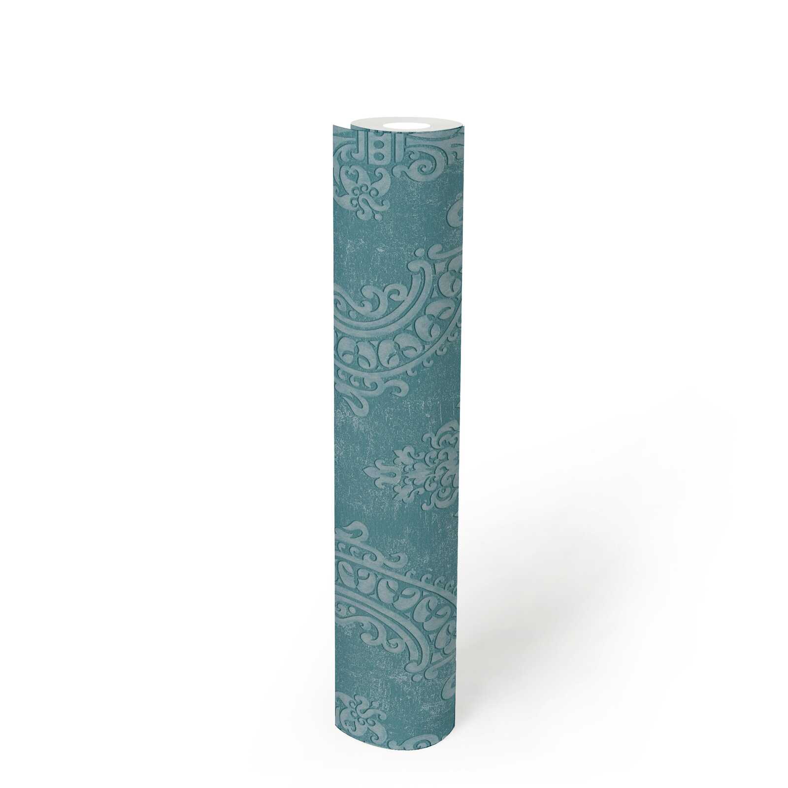             Non-woven wallpaper with ornaments and a shiny metallic effect - blue, turquoise
        