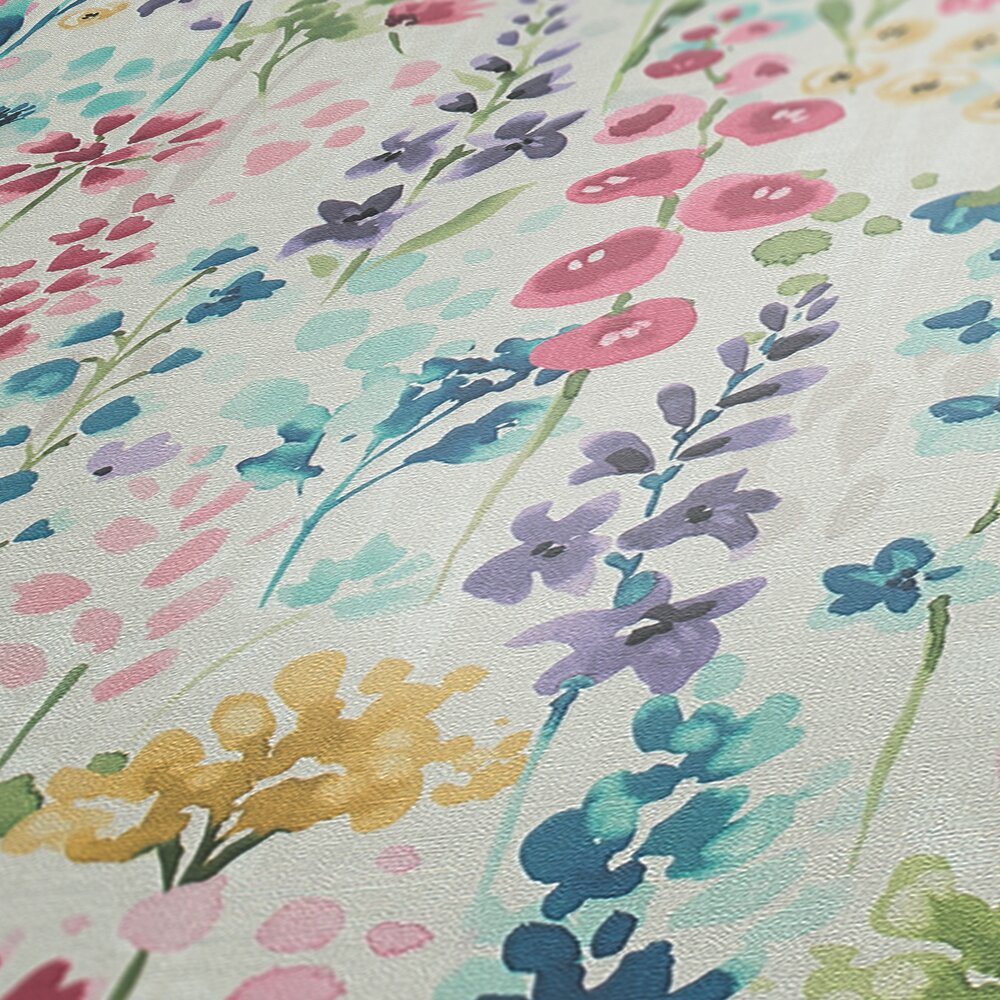             Colourful flower meadow wallpaper in watercolour design - colourful, white, pink
        