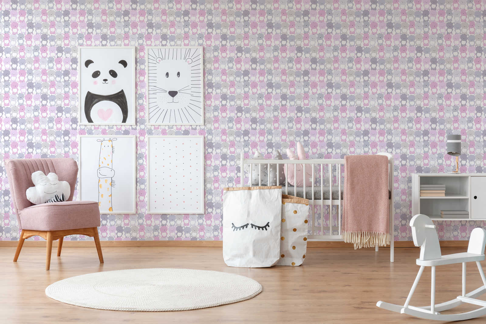             Papier peint chambre enfants filles motif ours - rose, gris , blanc
        