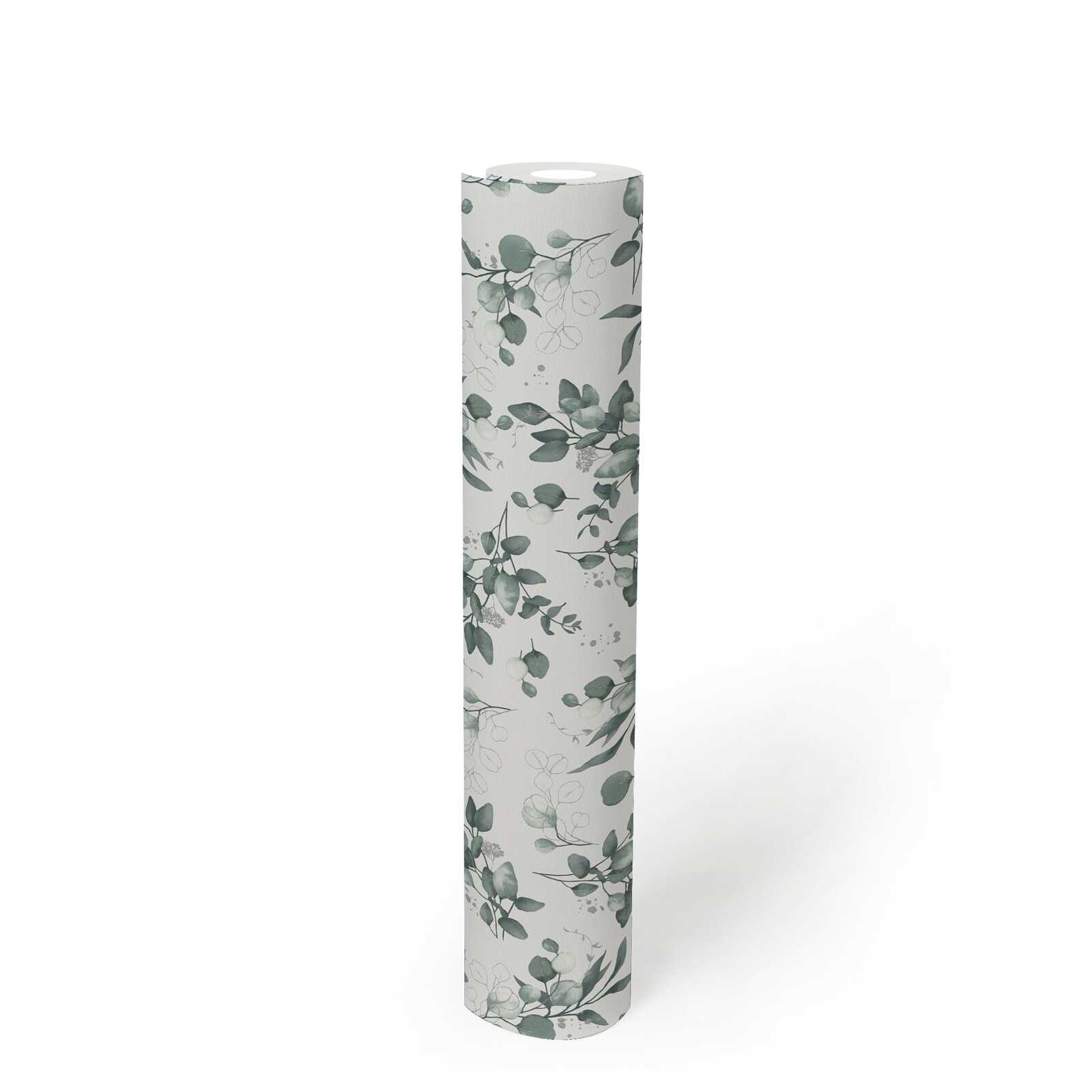             Smooth non-woven wallpaper with an elegant floral motif - white, green, silver
        