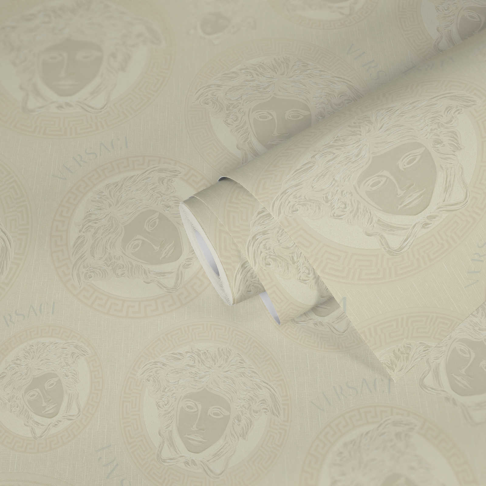             Papel pintado VERSACE blanco Diseño de Medusa y efecto brillante
        