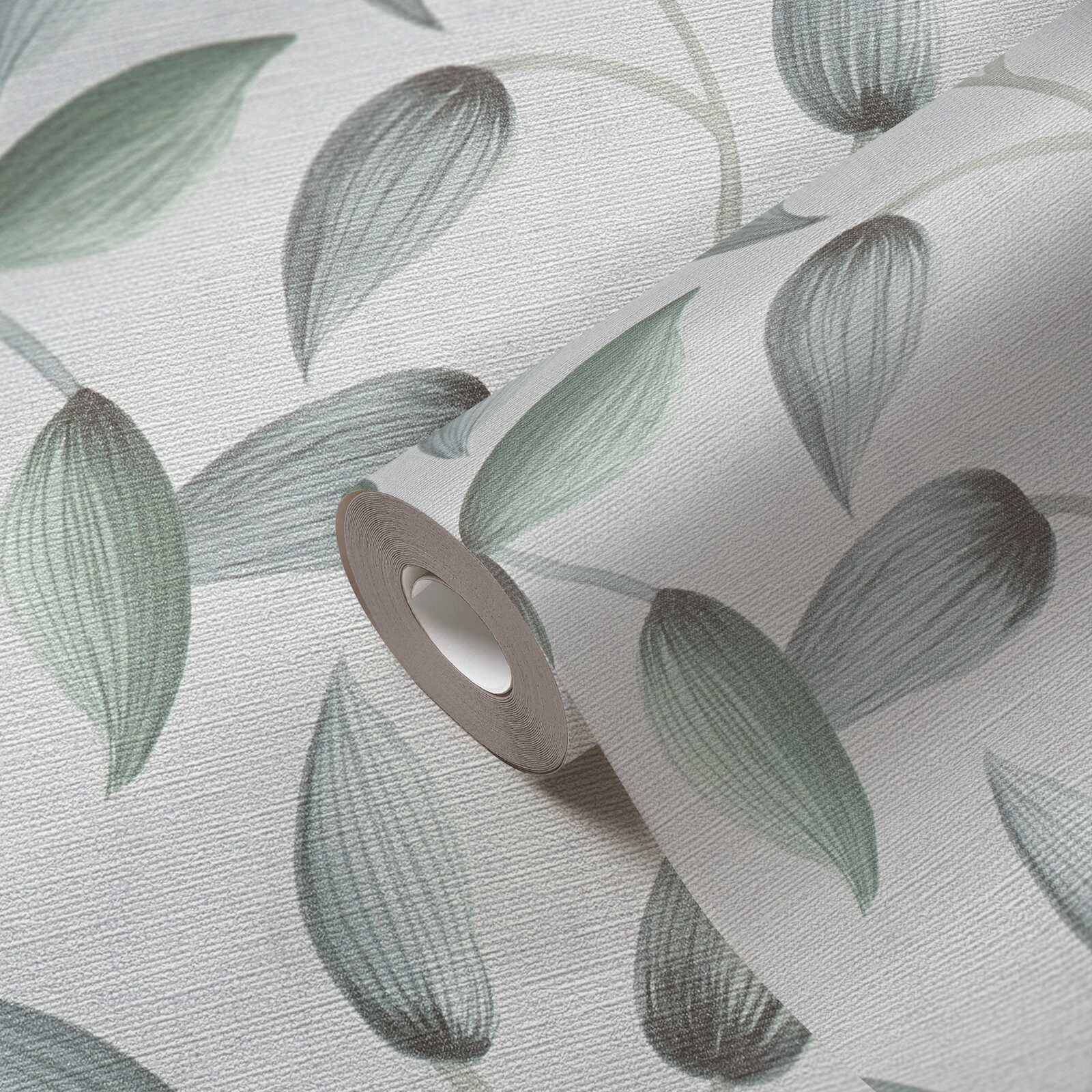             Non-woven wallpaper with soft spring tendrils - green, white, grey
        