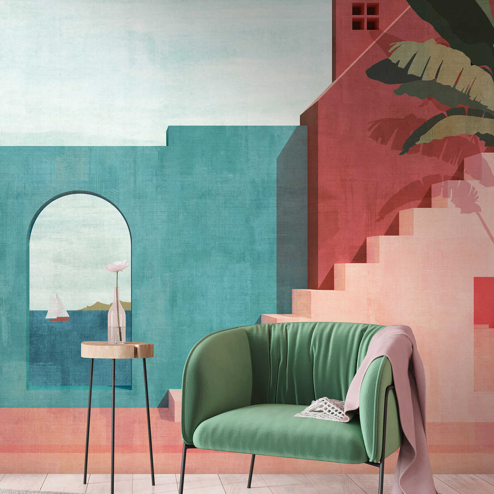 Pastel-coloured non-woven wallpaper with a Mediterranean building motif and a large-scale pattern repetition - blue, red, pink
