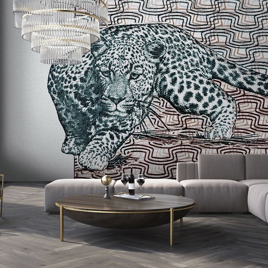 papier peint en papier panoramique »yugana« - léopard devant un motif abstrait - structure en papier kraft | Intissé lisse, légèrement nacré

