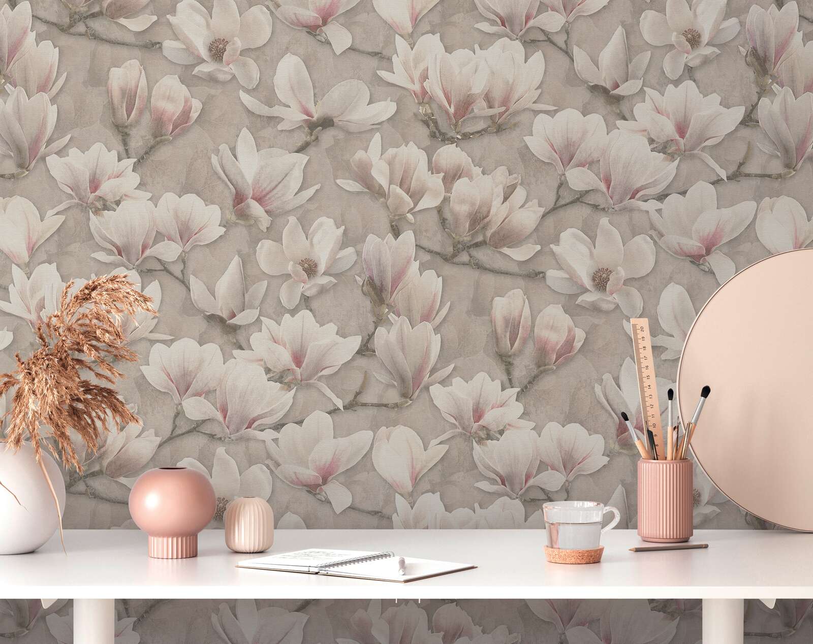             Non-woven floral wallpaper with magnolia blossoms - brown, pink, white
        