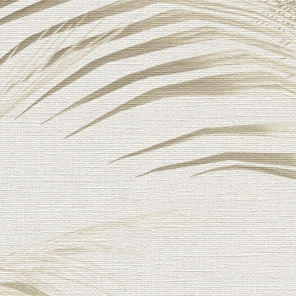             Non-woven wallpaper with palm leaves in soft colours - cream, beige, brown
        