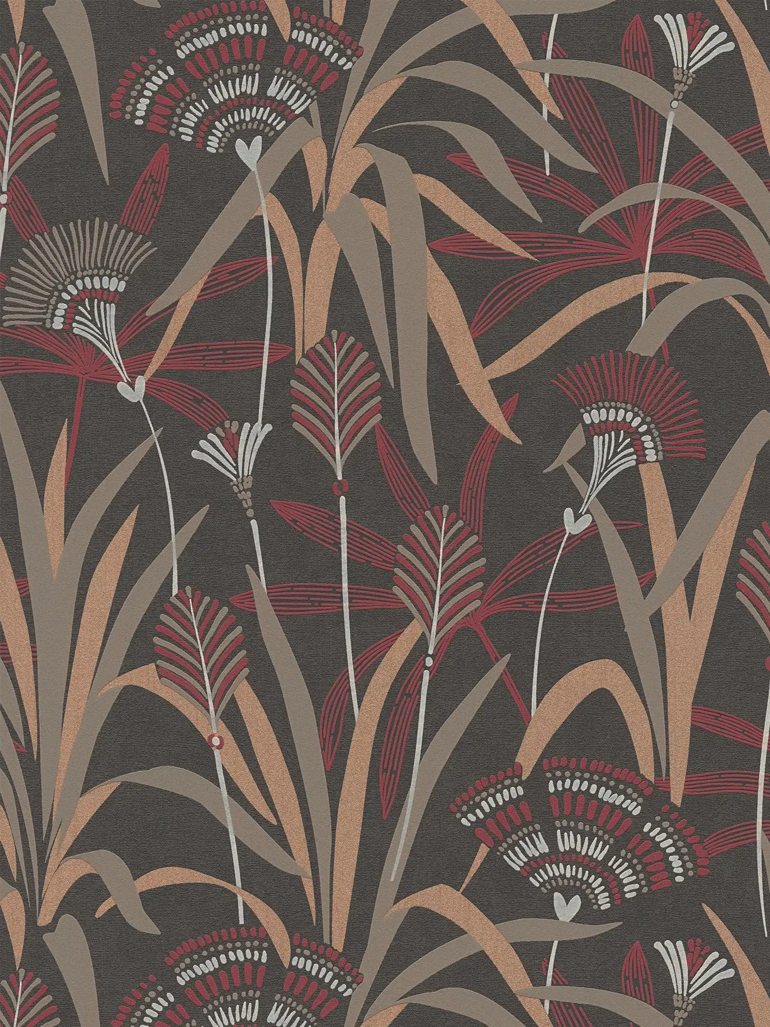         Papel pintado no tejido de diseño gráfico floral - metálico, negro, rojo
    