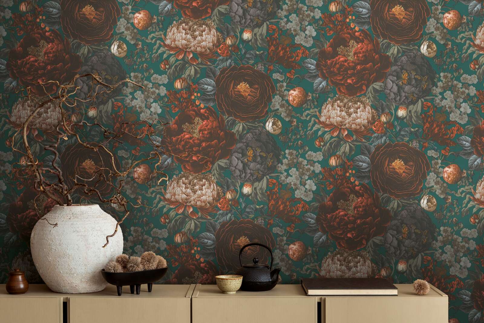             Non-woven wallpaper with large floral pattern in vintage look - green, grey, orange
        