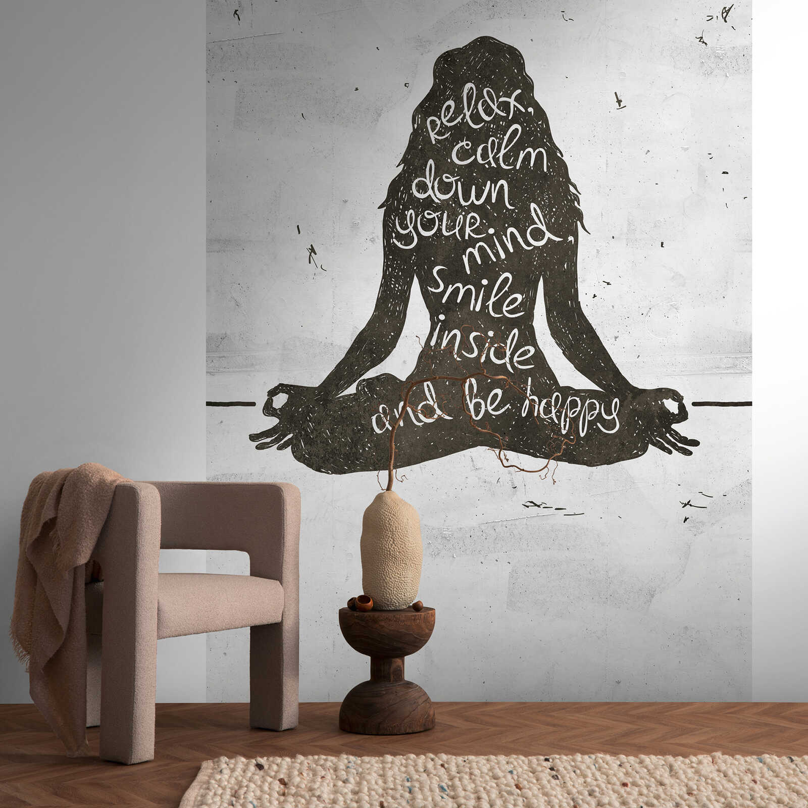             Papel pintado no tejido para meditación de yoga con texto tranquilizador e inspirador y una repetición de motivos a gran escala - blanco, negro
        