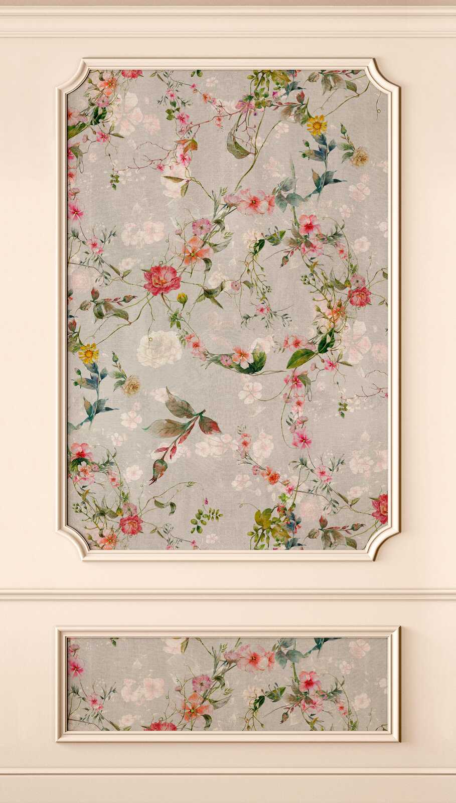             Elegant non-woven wallpaper with wall panelling and colourful floral motif in the background - beige, grey, colourful
        