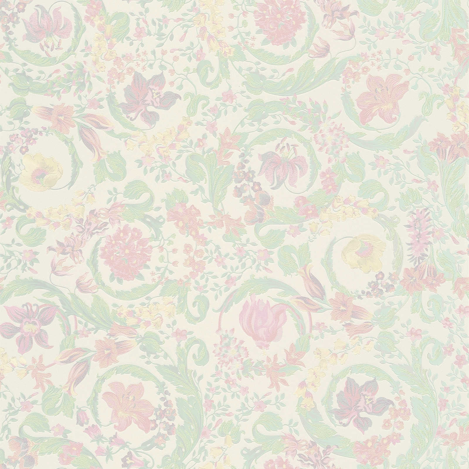             Papier peint pastel VERSACE avec ornement floral - multicolore, métallique
        