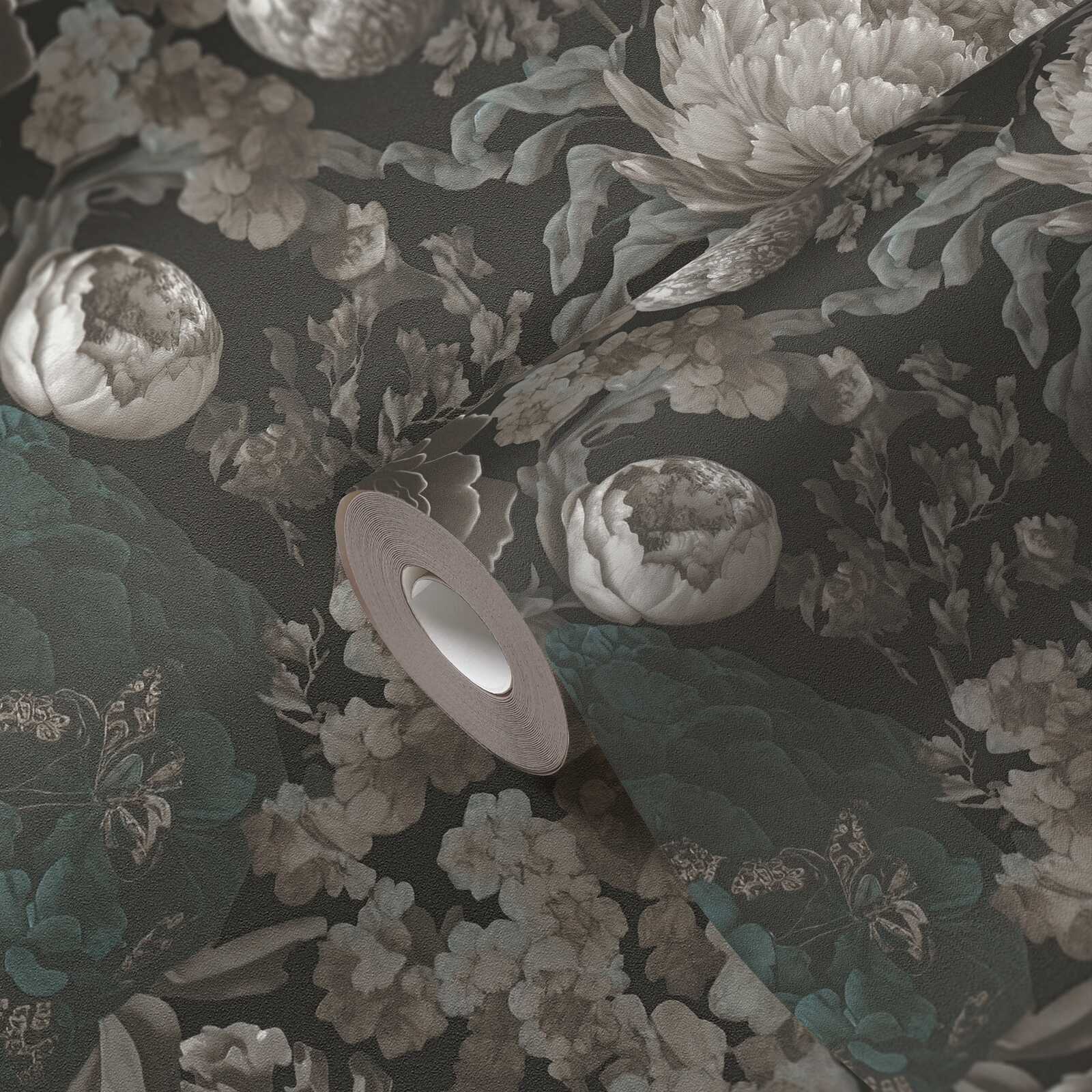             Vintage floral splendour non-woven wallpaper in grey - black, grey, blue
        