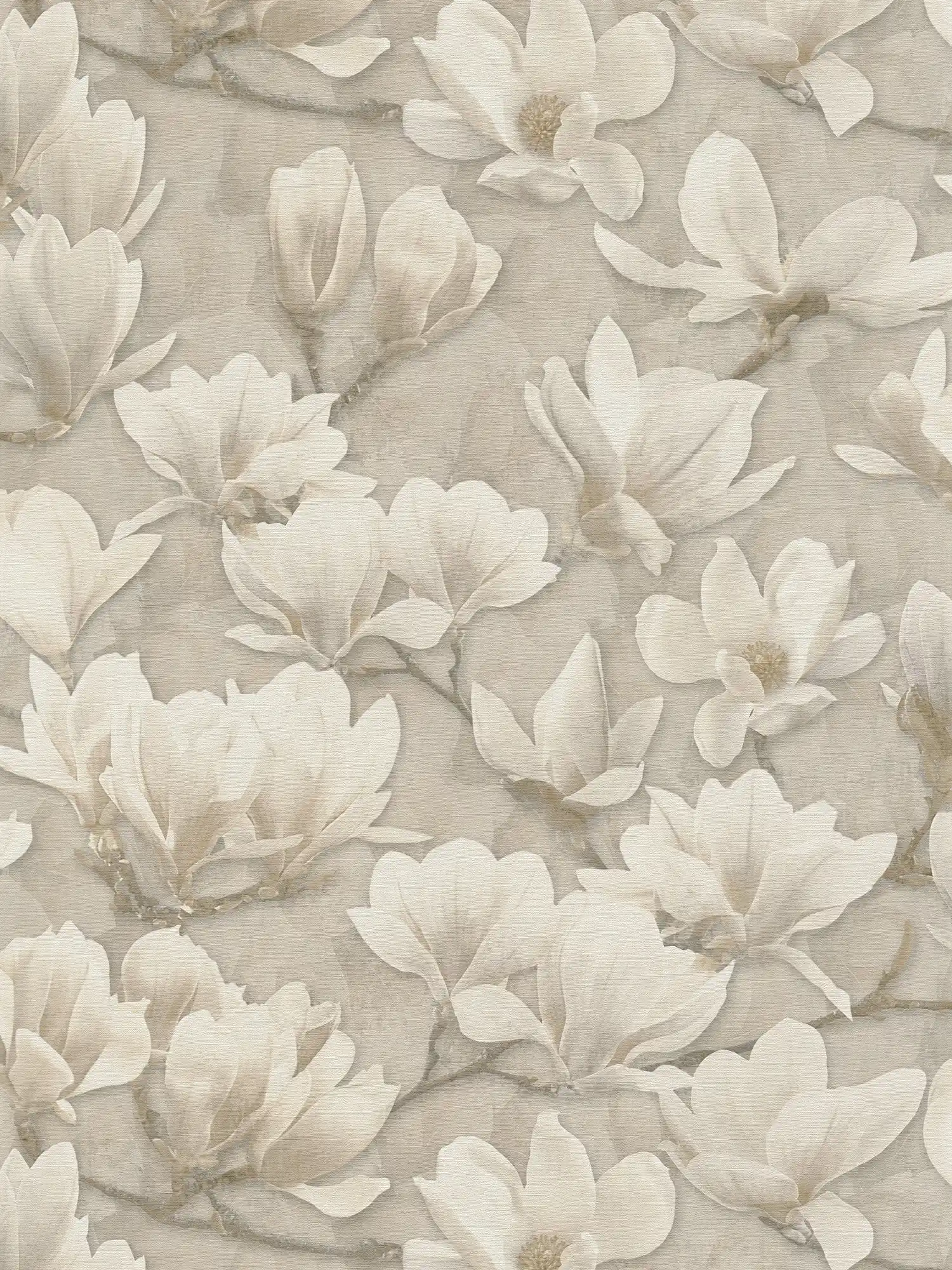 Papel pintado no tejido con motivos florales de magnolia - beige, crema, blanco
