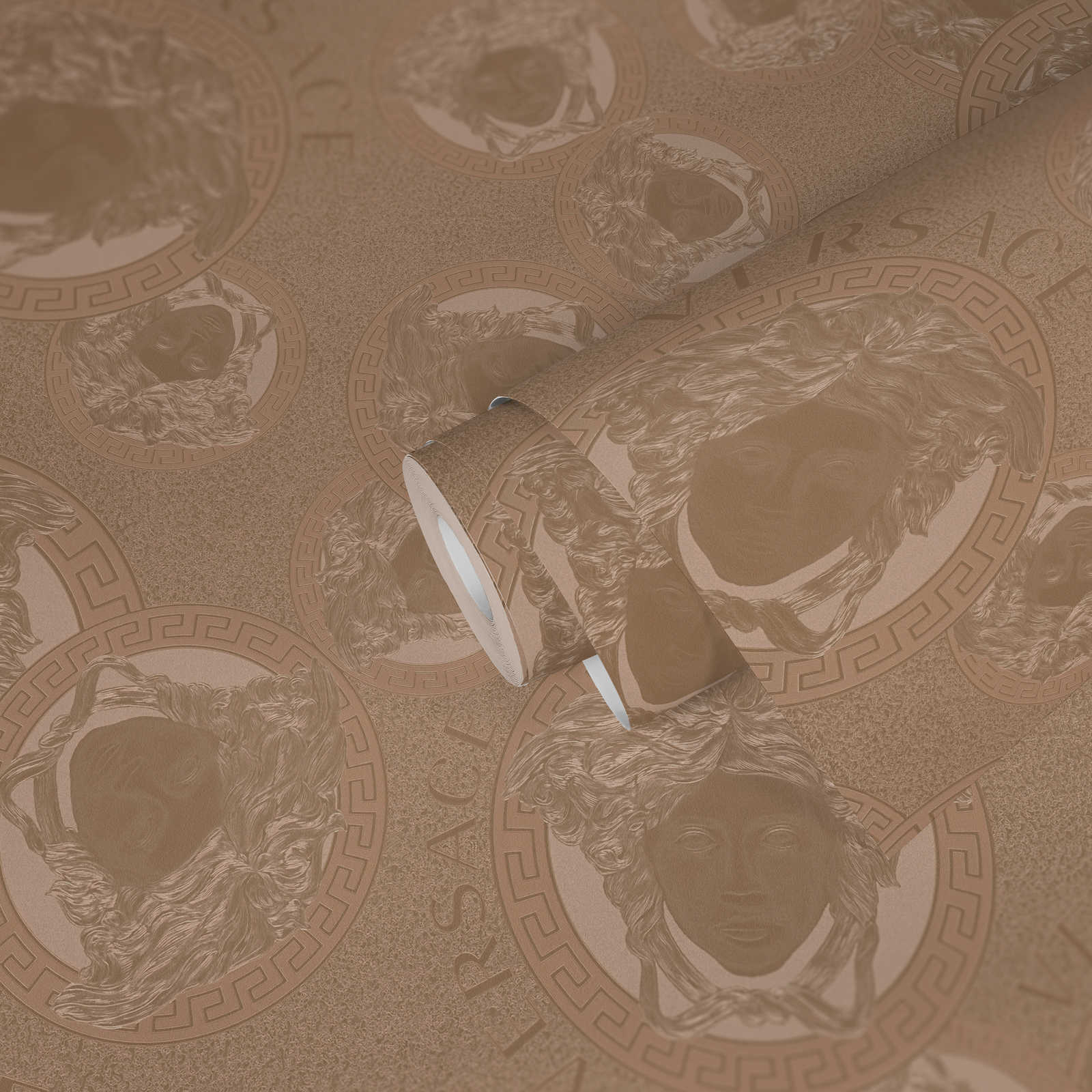             Copper metallic wallpaper VERSACE with Medusa pattern
        