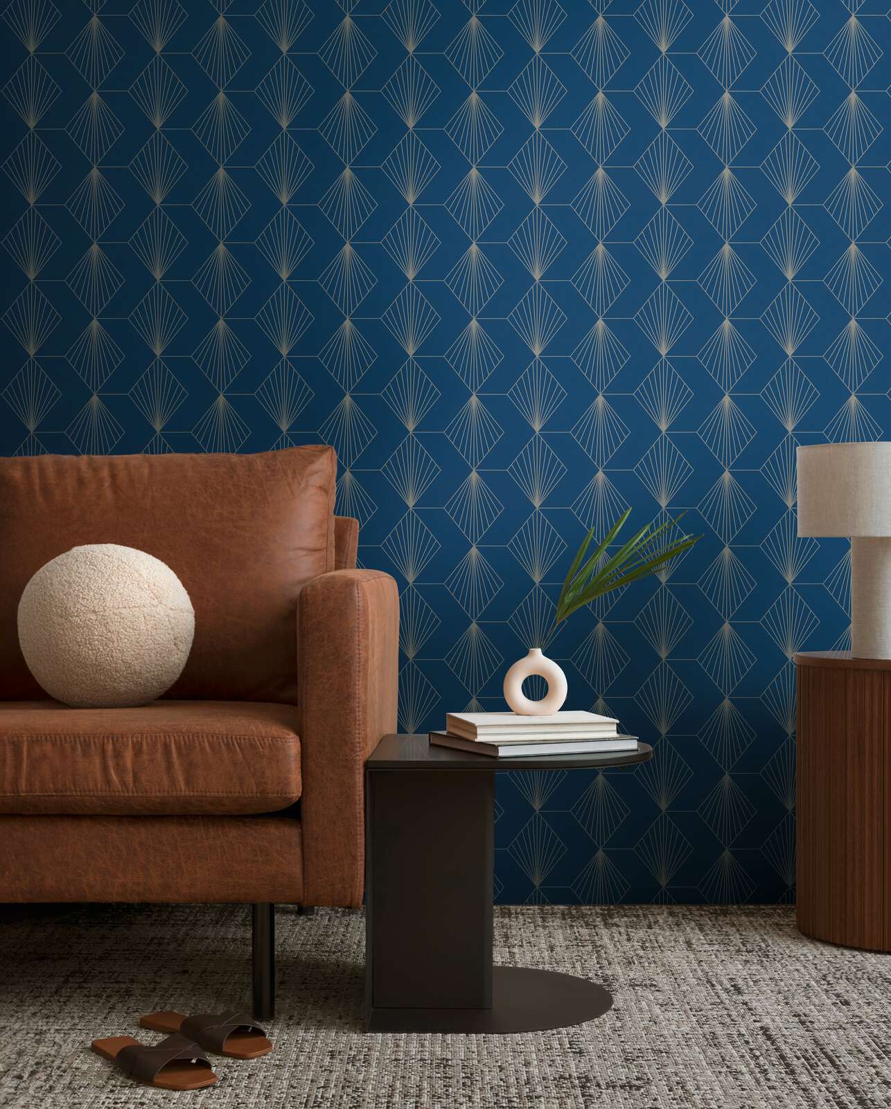             Papel pintado tejido-no tejido de diseño con motivo gráfico en estilo Art Déco - azul, dorado
        