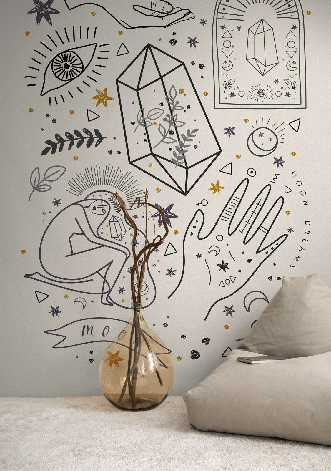             Artistic non-woven wallpaper with creative illustrations and large-scale pattern repetition - cream, black, grey
        