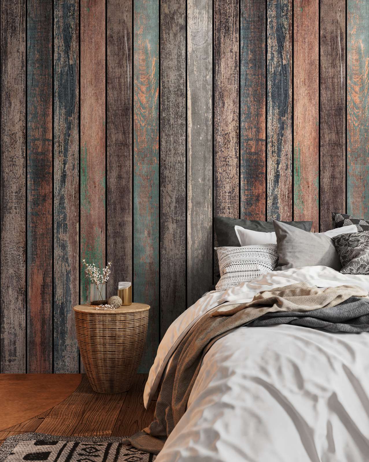             Wood plank non-woven wallpaper with a vintage look and a large-scale pattern repetition - colourful, brown, blue
        