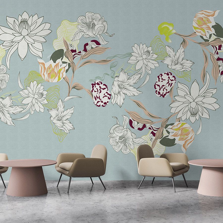 Fotomural »botany 2« - Motivos florales abstractos con toques verdes sobre una sutil textura de lino - Material sin tejer suave y ligeramente nacarado

