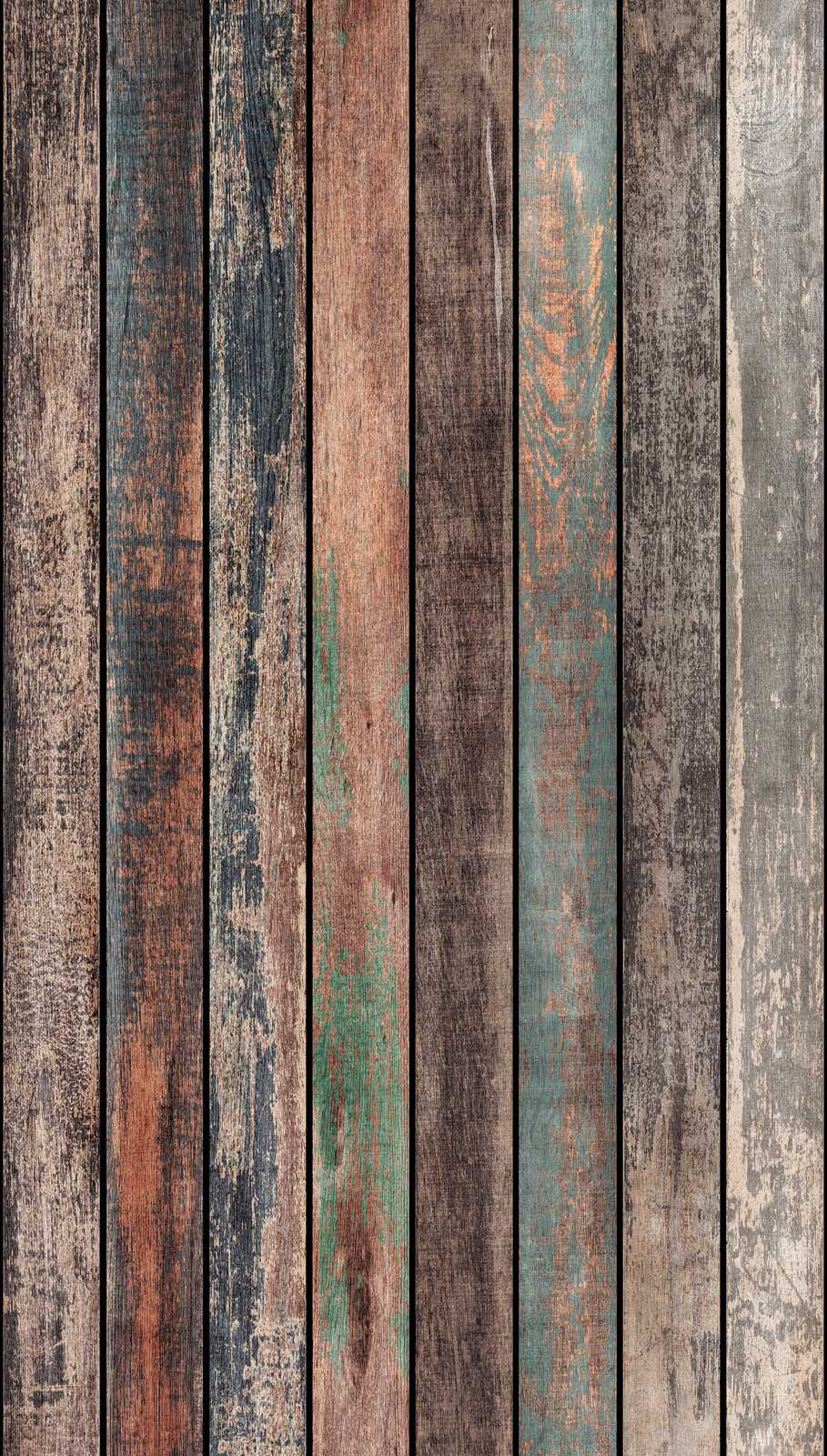             Wood plank non-woven wallpaper with a vintage look and a large-scale pattern repetition - colourful, brown, blue
        