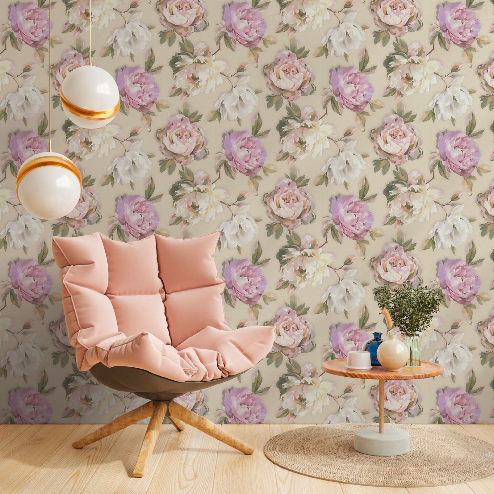             Non-woven wallpaper with picturesque rose petals in a watercolour look - violet, pink, green
        