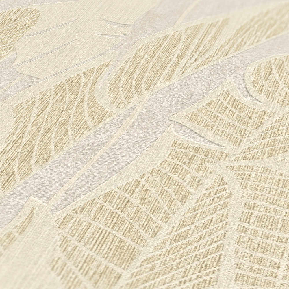             papier peint en papier aux motifs de jungle dans des couleurs douces - blanc, beige, or
        