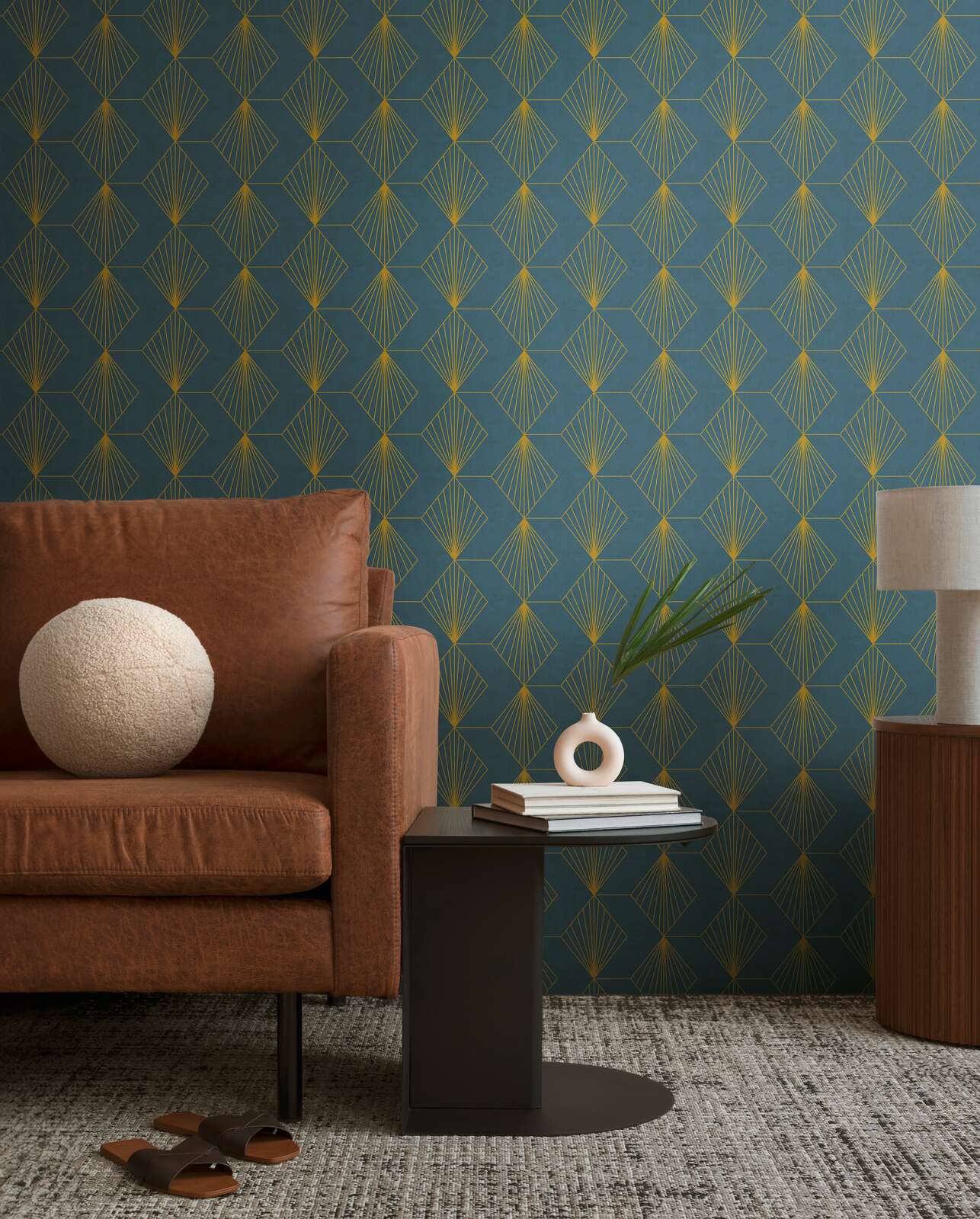             Papel pintado tejido-no tejido de diseño con motivo gráfico en estilo Art Déco - petróleo, oro
        