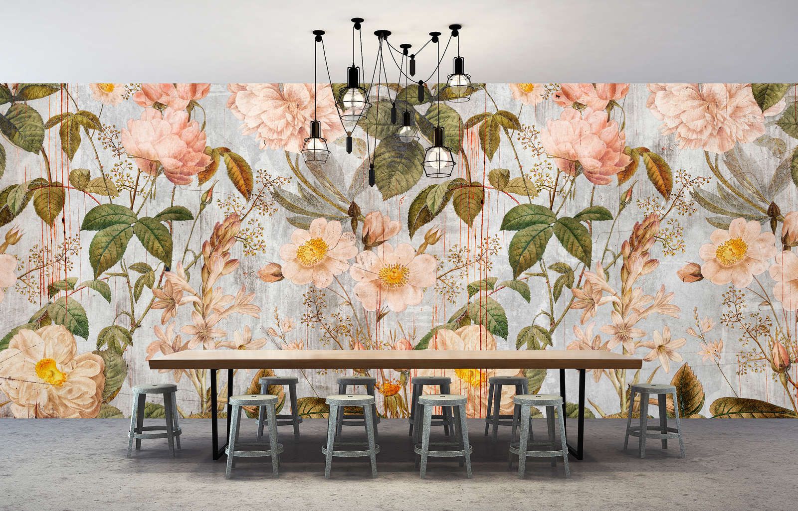             papier peint en papier panoramique »rose« - motif floral style vintage - intissé mat et lisse
        