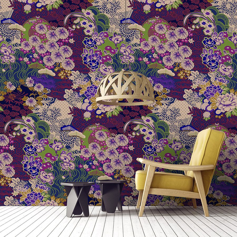 Fotomural »kimo 2« - Obra de arte abstracta flor - Violeta, Verde | Mate, Tela no tejida lisa
