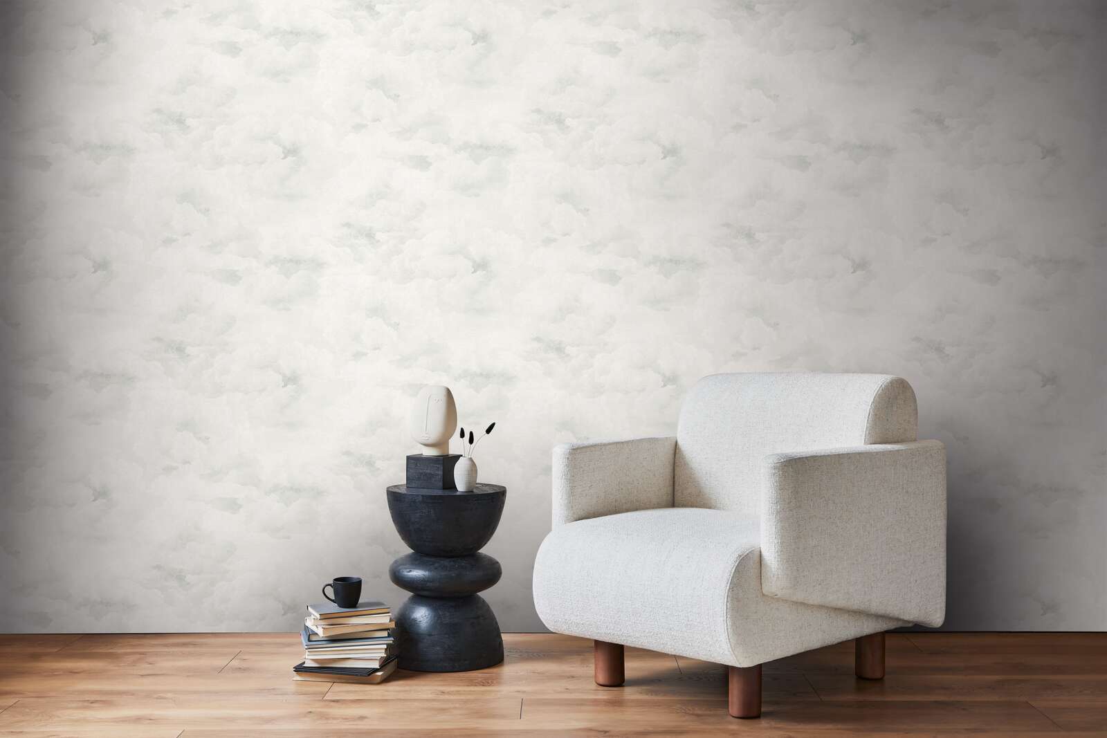             Non-woven wallpaper with abstract cloud pattern - white, grey, cream
        