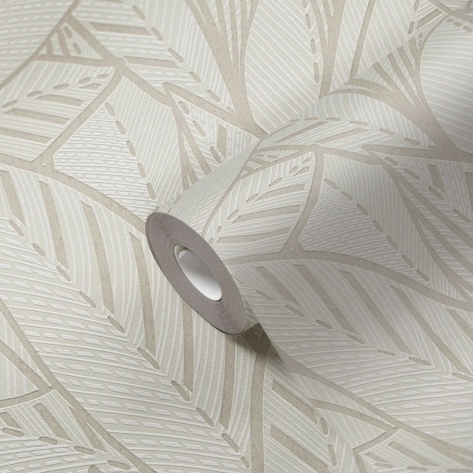             Jungle non-woven wallpaper with palm leaves and light gloss effects - white, grey
        