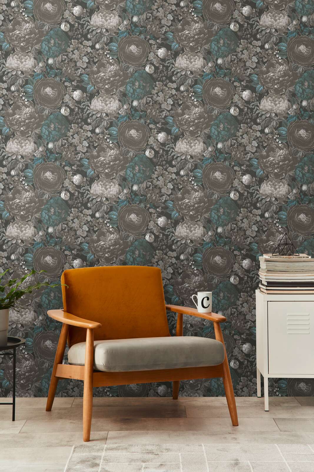             Vintage floral splendour non-woven wallpaper in grey - black, grey, blue
        