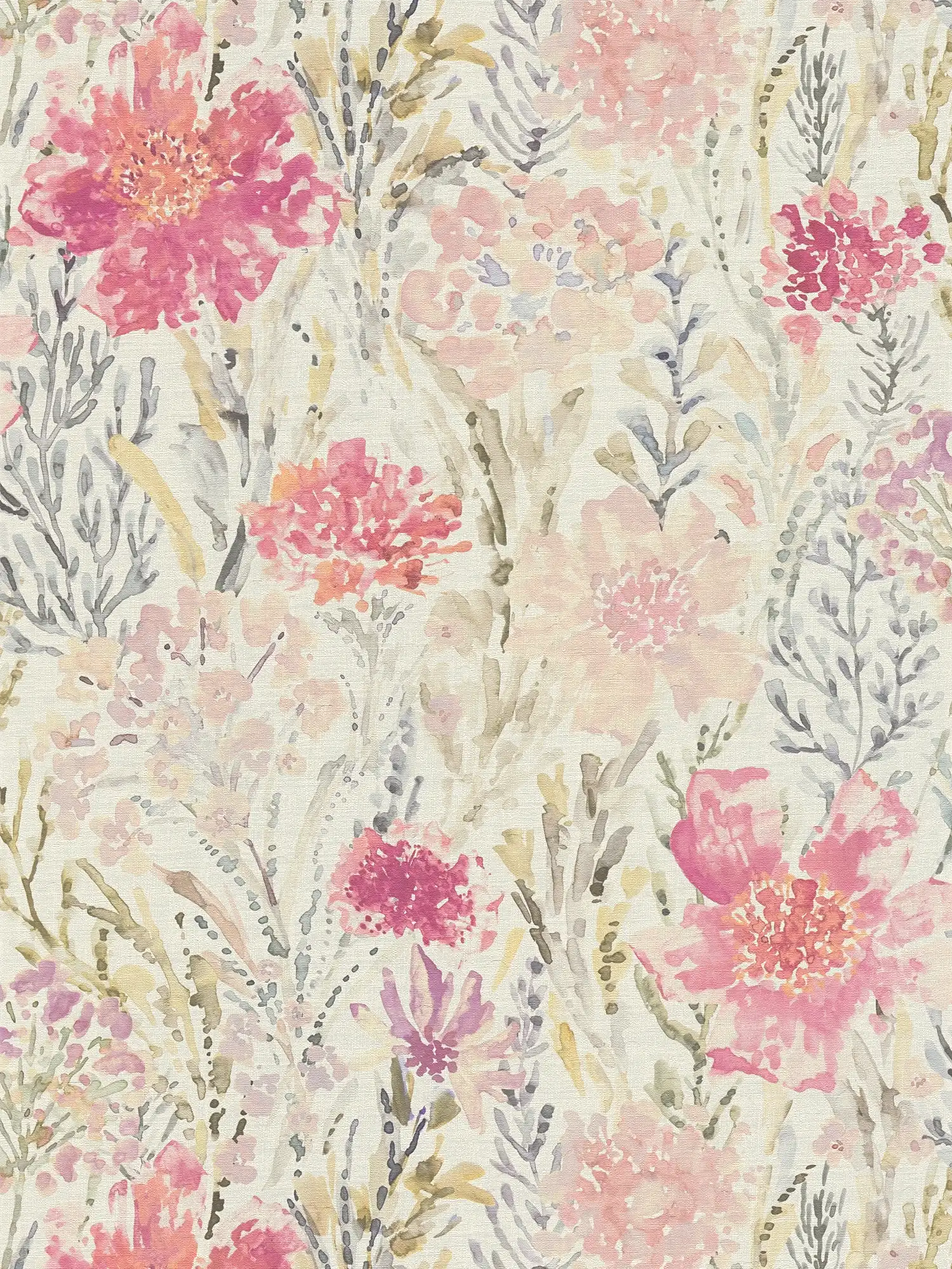 Vliesbehang bloemenweide in aquarel look - wit, kleurrijk, roze
