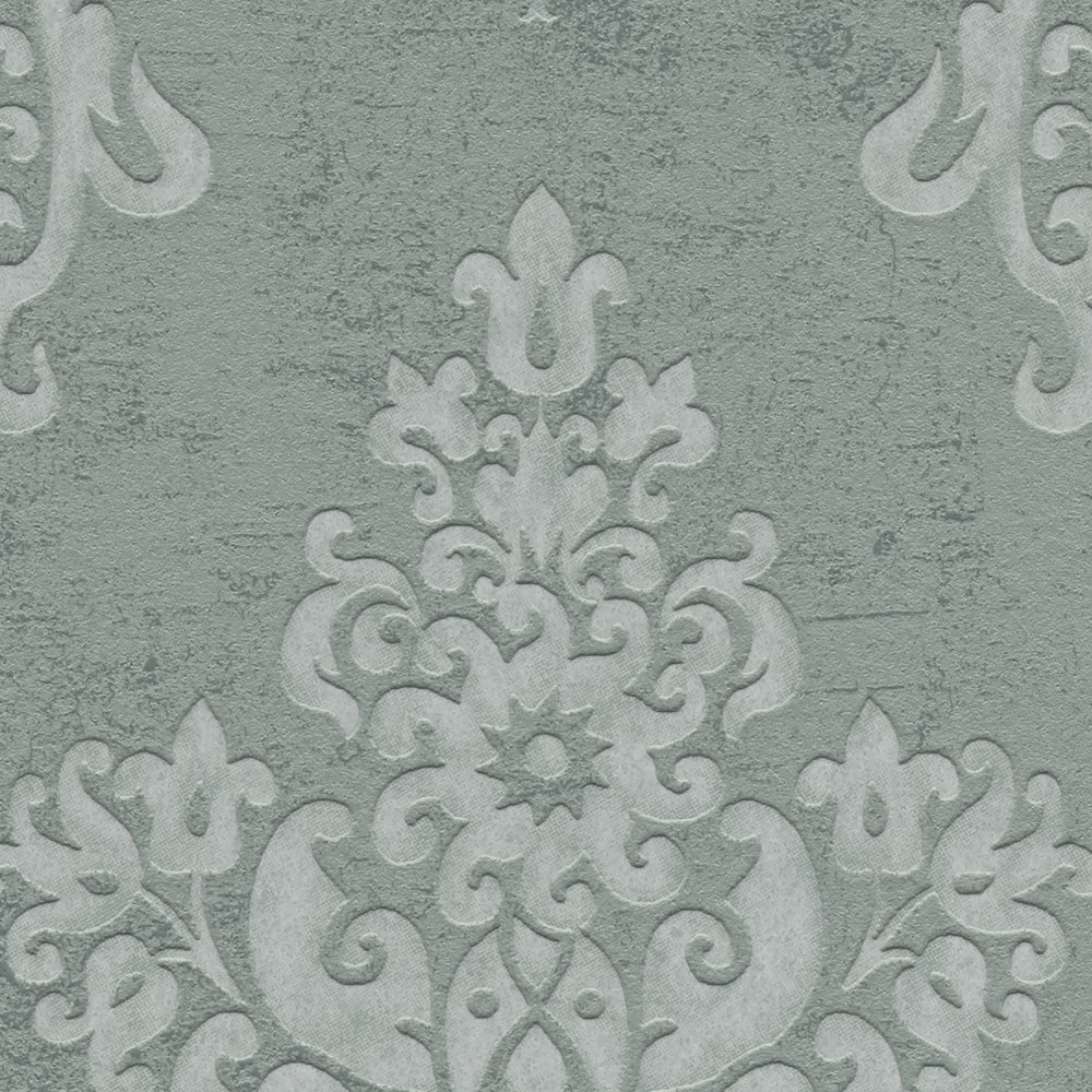             Non-woven wallpaper in baroque design with glitter effect - green, dark green
        