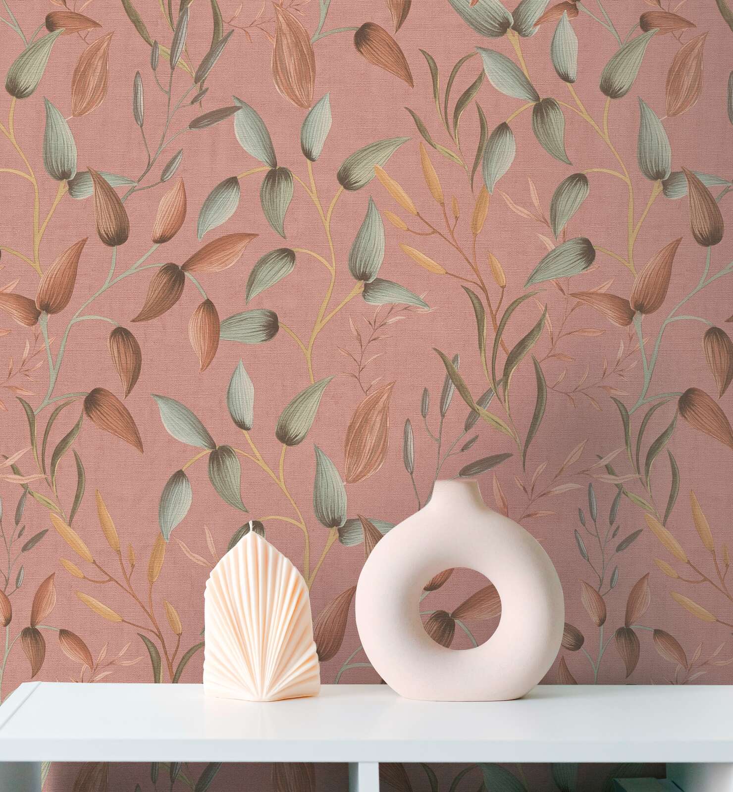             Non-woven wallpaper with soft floral tendrils - pink, green, red
        