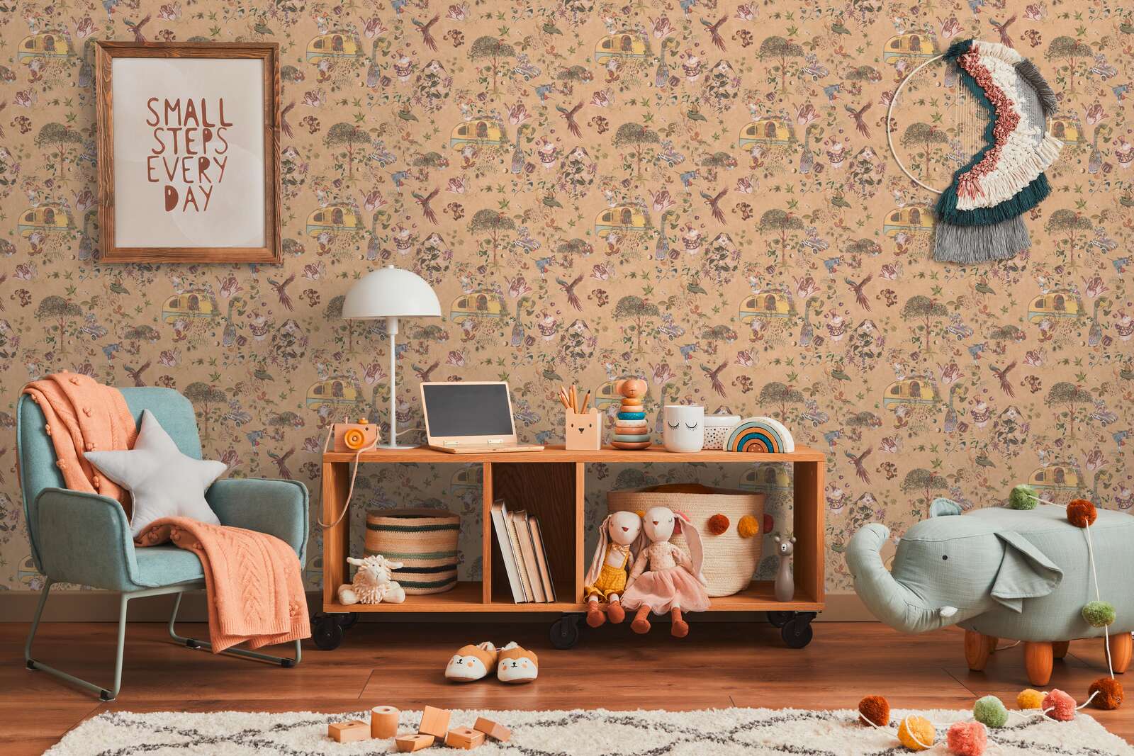             Non-woven wallpaper for children's rooms with imaginative forest animal illustrations - beige, orange
        