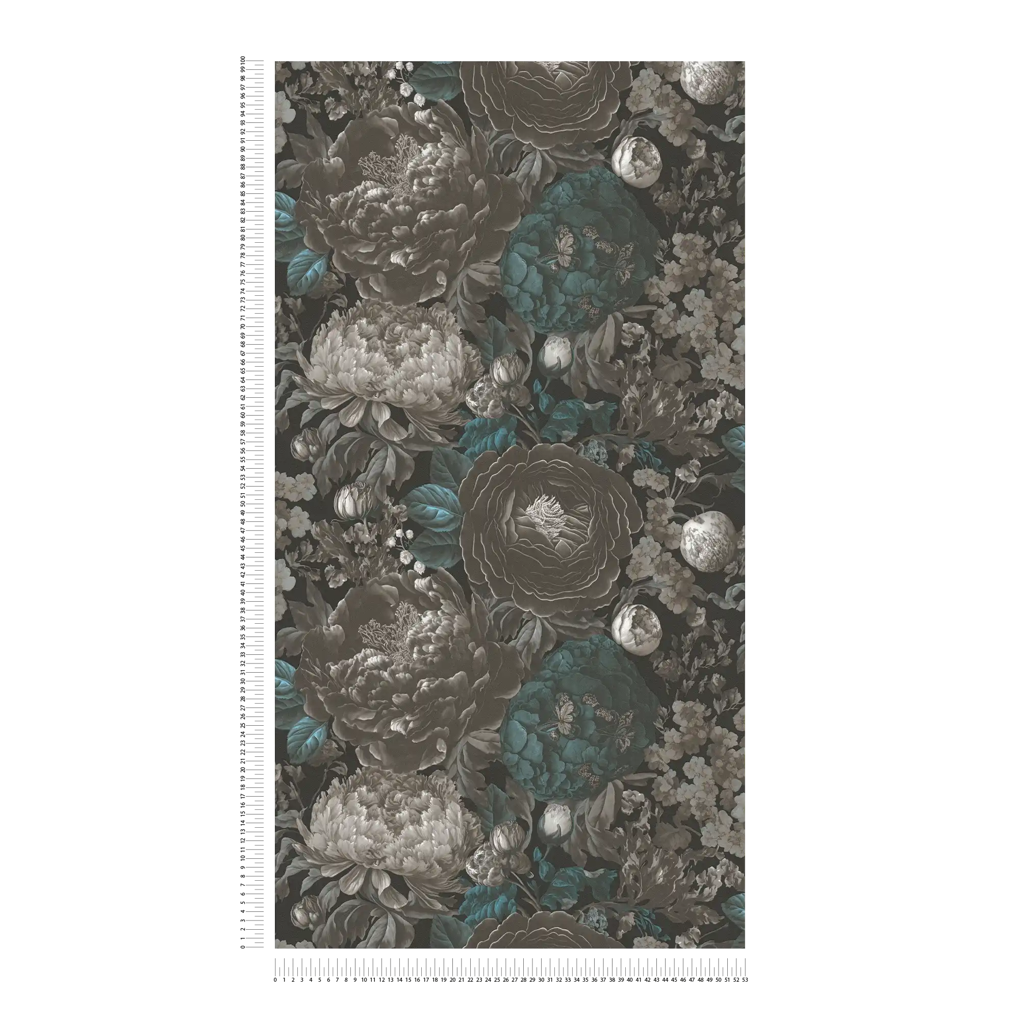             Papel pintado no tejido Esplendor floral vintage en gris - negro, gris, azul
        