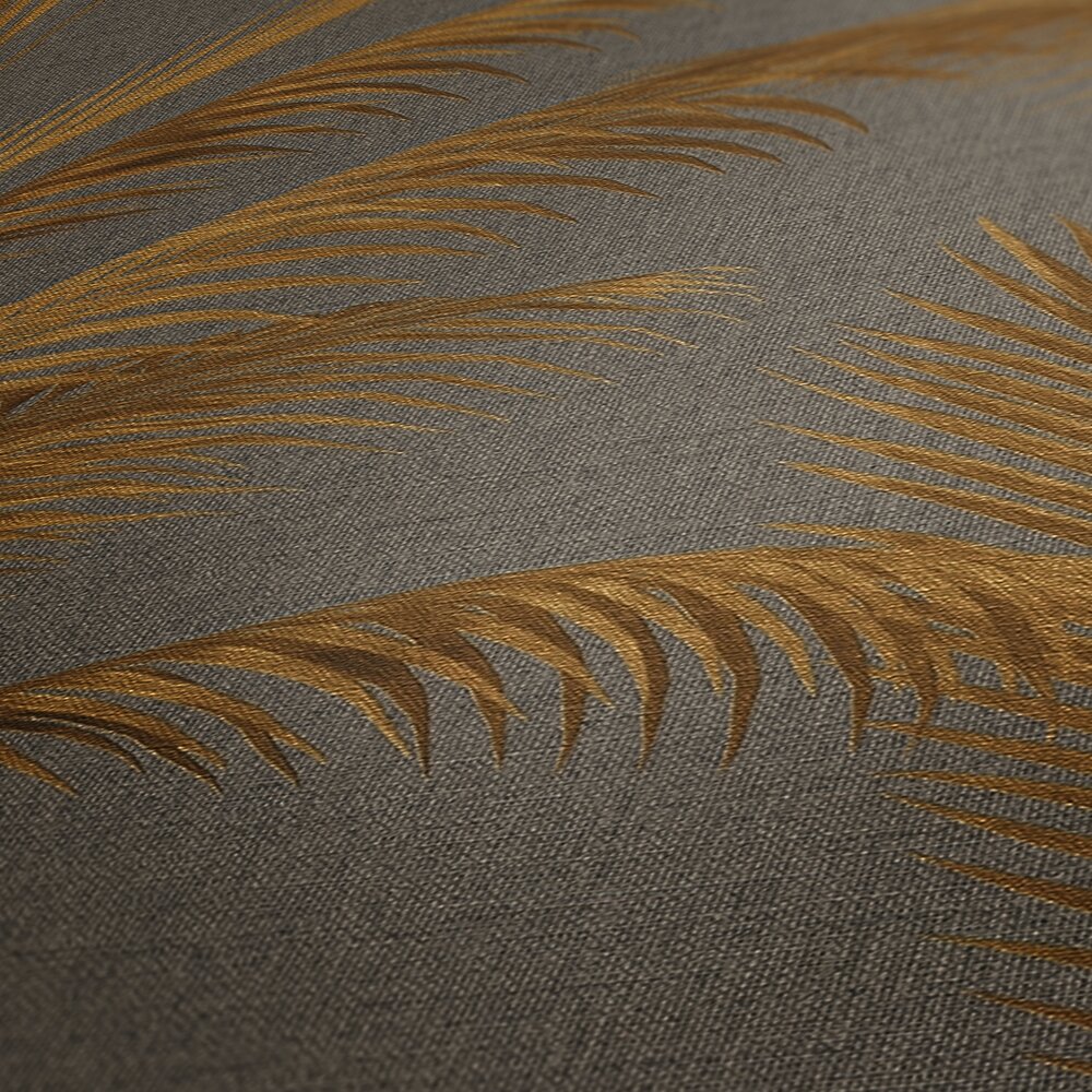             Vliesbehang met palmbladeren en gouden accenten - grijs, goud, metallic
        