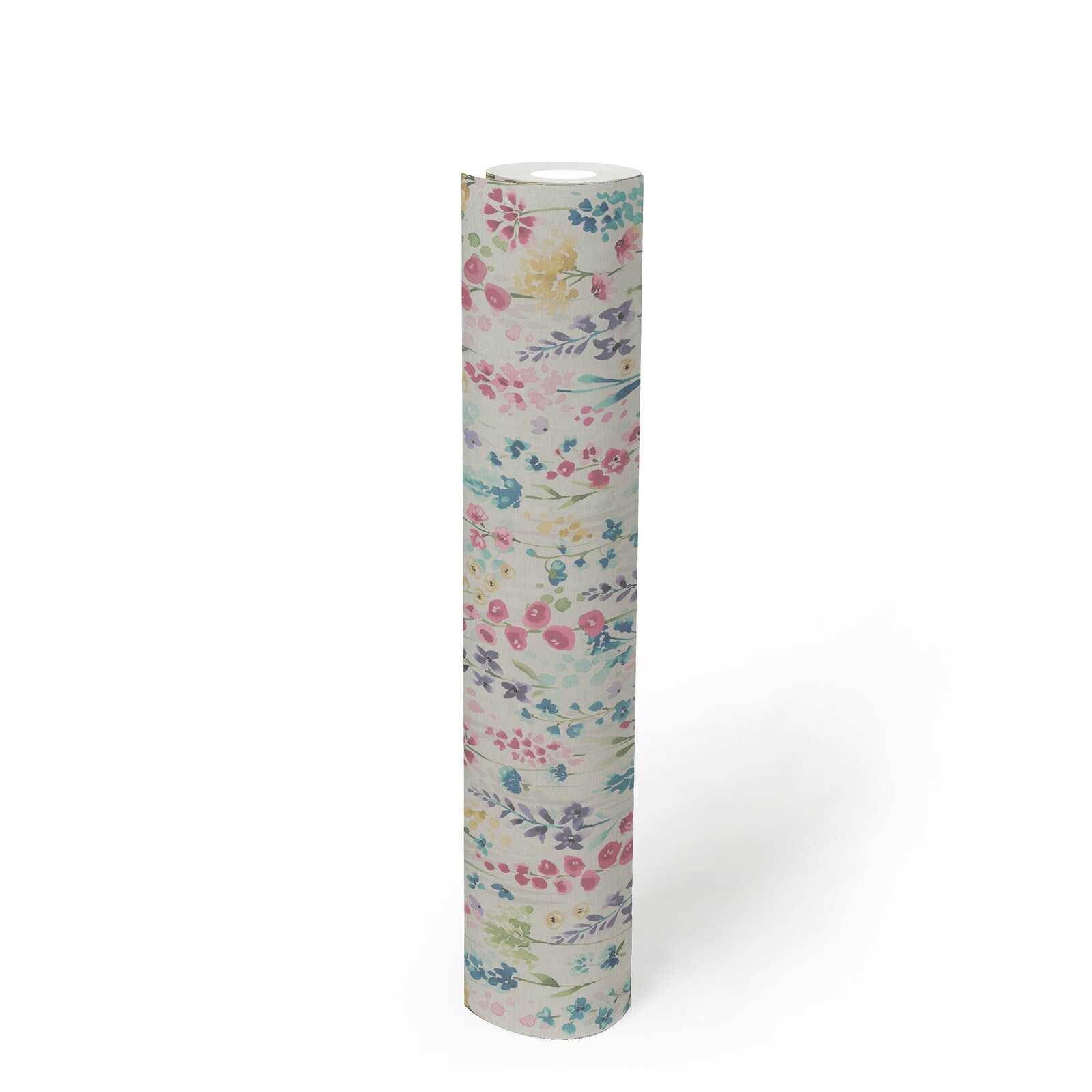             Colourful flower meadow wallpaper in watercolour design - colourful, white, pink
        