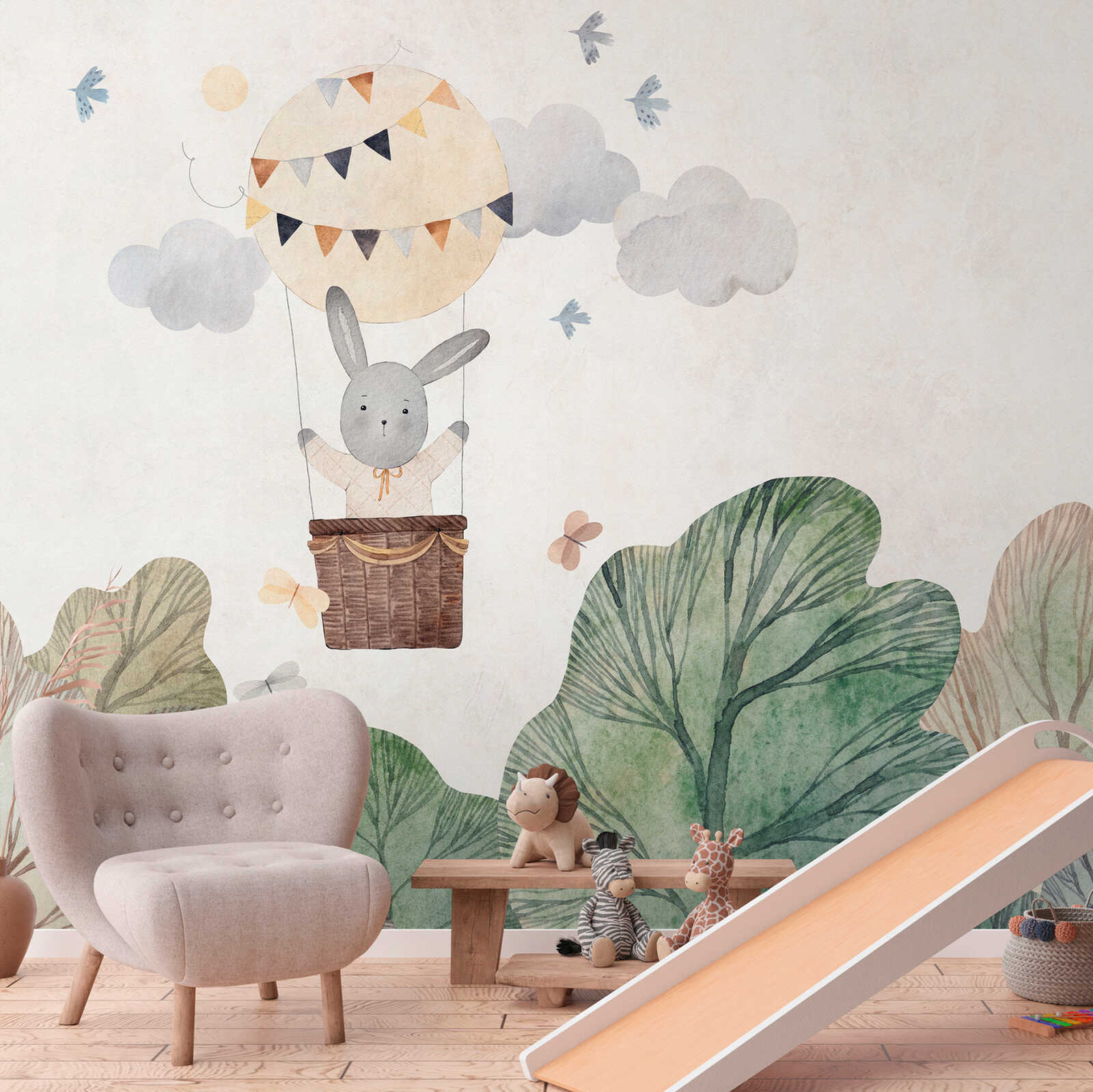         Adventure children's room photo wallpaper with bunnies in a hot air balloon as non-woven wallpaper - beige, green, brown
    