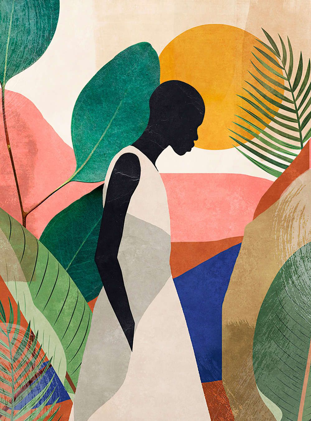             Digital behang »nala« - Silhouet, bladeren & grassen - Bont motief op vintage pleistertextuur | Glad, licht parelmoerachtig vlies
        
